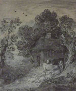 Wooded Landscape with Cottage, Peasant, Cows, Sheep, and Cart Travelling down a Slope