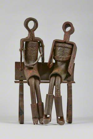 Metal Junk Sculpture: Two Figures on a Seat