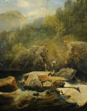 A Highland River Scene with a Salmon Trap
