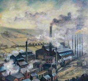 Industrial Buildings with Chimneys and Smoke, Surrounded by Houses and Fields