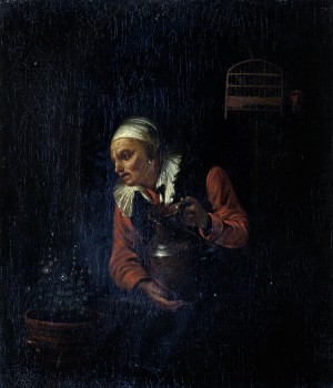 Old Woman Watering a Plant
