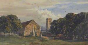 Outbuildings with the Tower of Woodspring Priory in the Centre amongst Trees