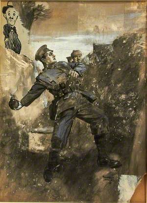 Cartoon of a British Soldier about to Throw a Bomb or Grenade from a Trench