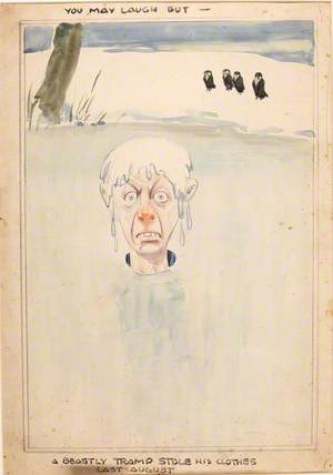 Cartoon of a Man, Up to His Neck in Frozen Pond