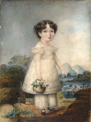 Young Girl, Standing, Wearing a White Dress, Pantaloons, Black Shoes and a Coral Necklace