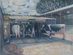 Luke and the Milking Bail, Southend Farm