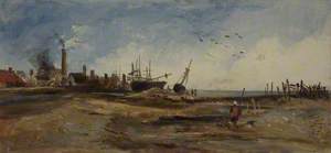 Beach with Village, Boats and a Walking Figure