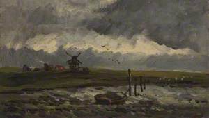 River with Windmill, Stormy Sky