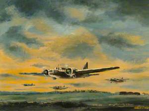 Flight of Wellington Bombers over Airfield at Dusk