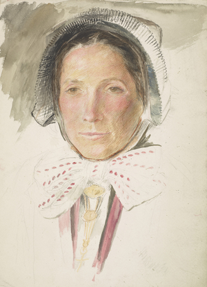 Woman Wearing a Black Bonnet with a Pink and White Bow