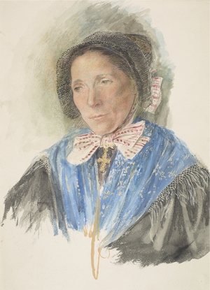 Woman Wearing a Black Bonnet and Dress, Blue Shawl, and White and Pink Bow