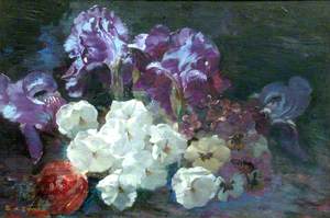 Purple Iris and White Pansies