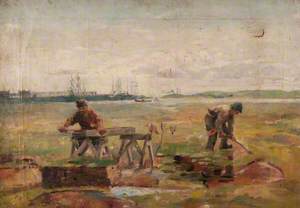 Two Workmen with a Background of Sailing Ships