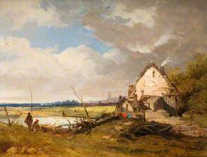 Anglers by a Cottage on a River Bank