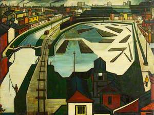 Cubist Quayside and Railway Industrial Landscape with Figures