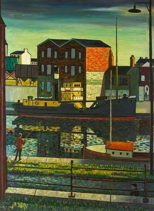 Figure Fishing by a Canal, a Figure Walking close by, a Moored Ship Beyond