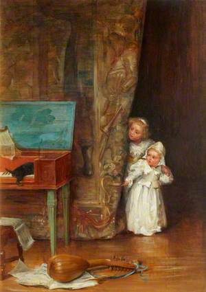 Two Children Peeping into a Music Room in Search of Their Kitten