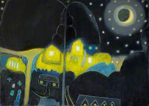 Village at Night with Moon