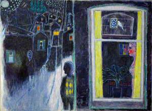 Night Scene with Woman and Budgie in Window