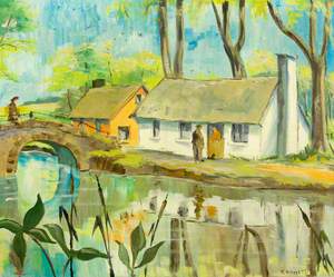 Rural Scene: Two Cottages, Canal (or river), Bridge and Three Figures