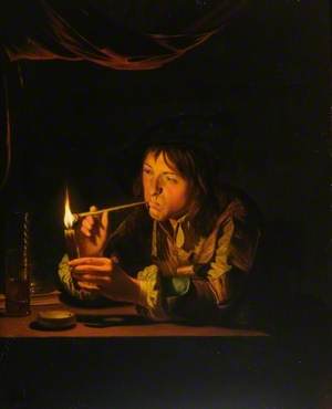 Candlelight: Youth Lighting a Pipe