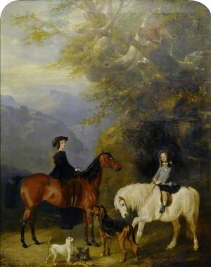 A Woman and a Girl Riding in a Mountainous Landscape
