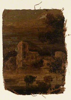 Fragment of a Composition: A Ruin beyond a Lake, with Cattle in the Foreground
