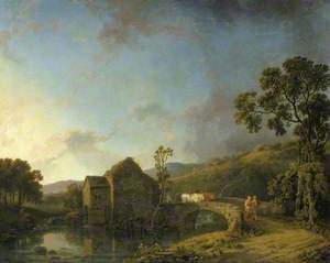 River Scene with Watermill, Figures and Cows