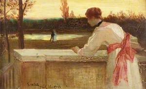 Girl on a Balcony Watching a Couple by a Lake