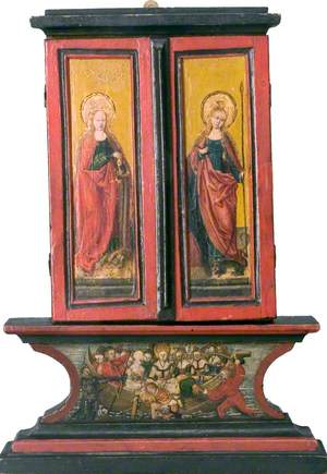 Saint Catherine (left wing, exterior), Saint Margaret (right wing, exterior), Legend of Saint Ursula (predella) (triptych, closed)
