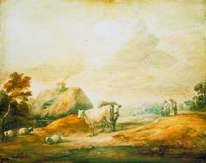 Open Landscape with Peasants, Cows, Sheep, Cottages and a Pool