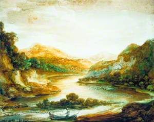 Wooded River Landscape with a Fisherman in a Rowing Boat, High Banks and Distant Mountains