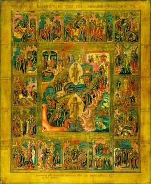 Icon with the Resurrection and Harrowing of Hell Surrounded by 16 Festival Scenes