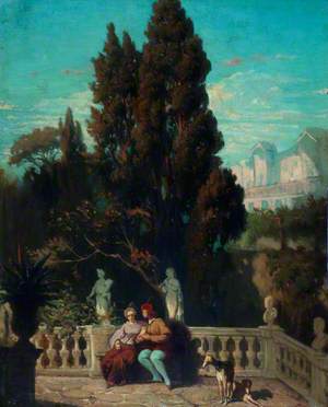 Two Lovers in Renaissance Costume on the Terrace in the Garden of the Villa d'Este, Tivoli