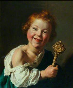 A Laughing Child Holding a Wicker Rattle