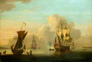 Sea Piece: English Frigates at Anchor in a Calm, Saluting