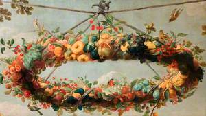 A Wreath of Fruit, with Birds, Suspended from a Cord