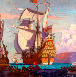 The 'Revenge' Leaving Plymouth to Meet the Armada, from Sir Herbert Beerbohm Tree's Production of 'Drake' by Louis N. Parker