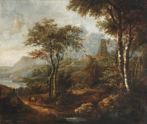 A Wooded Landscape with a Lake and Hills beyond