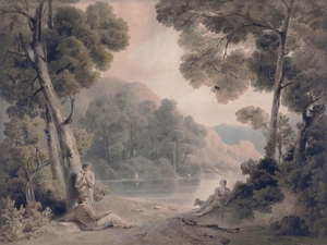 Landscape with figures and mountains