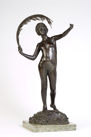 Female nude, bird and palm frond