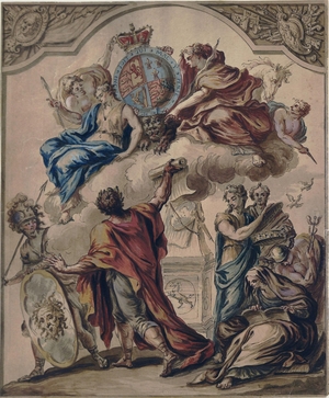 Allegorical design with figures: Clemency, Prudence and Justice with Pallas, Heroic Poetry, Liberty, Discretion, History and Mercury (preliminary design for a panel from Royal State Coach for George I)