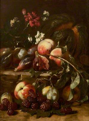 Still Life with Melon, Peaches, Figs, Mulberries, Plums and Carnations