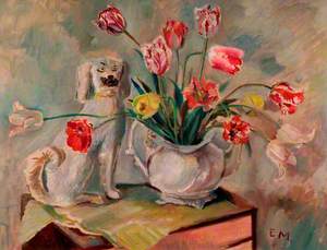 Staffordshire Dog with Tulips in a Vase
