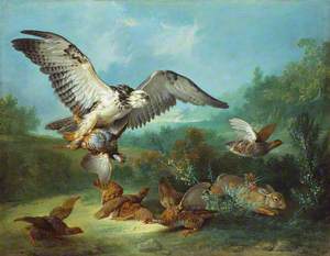 Hawk Attacking Partridges and a Rabbit