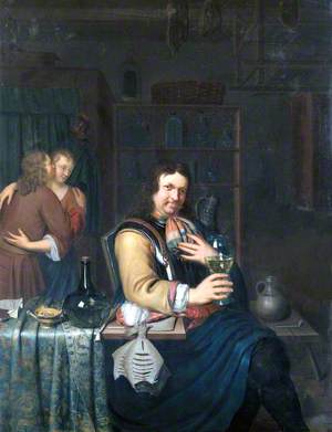 Interior with a Cavalier Drinking and a Couple Embracing