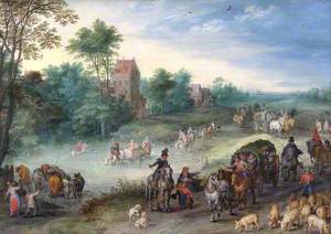 Travellers on a Country Road, with Cattle and Pigs