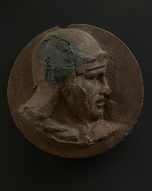Head of Roman Soldier with Left Arm Raised and Engaged Expression