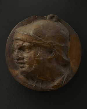Head of Roman Soldier in Helmet with Raised Right Arm