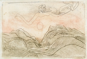 Two Figures Floating or Swimming over a Landscape